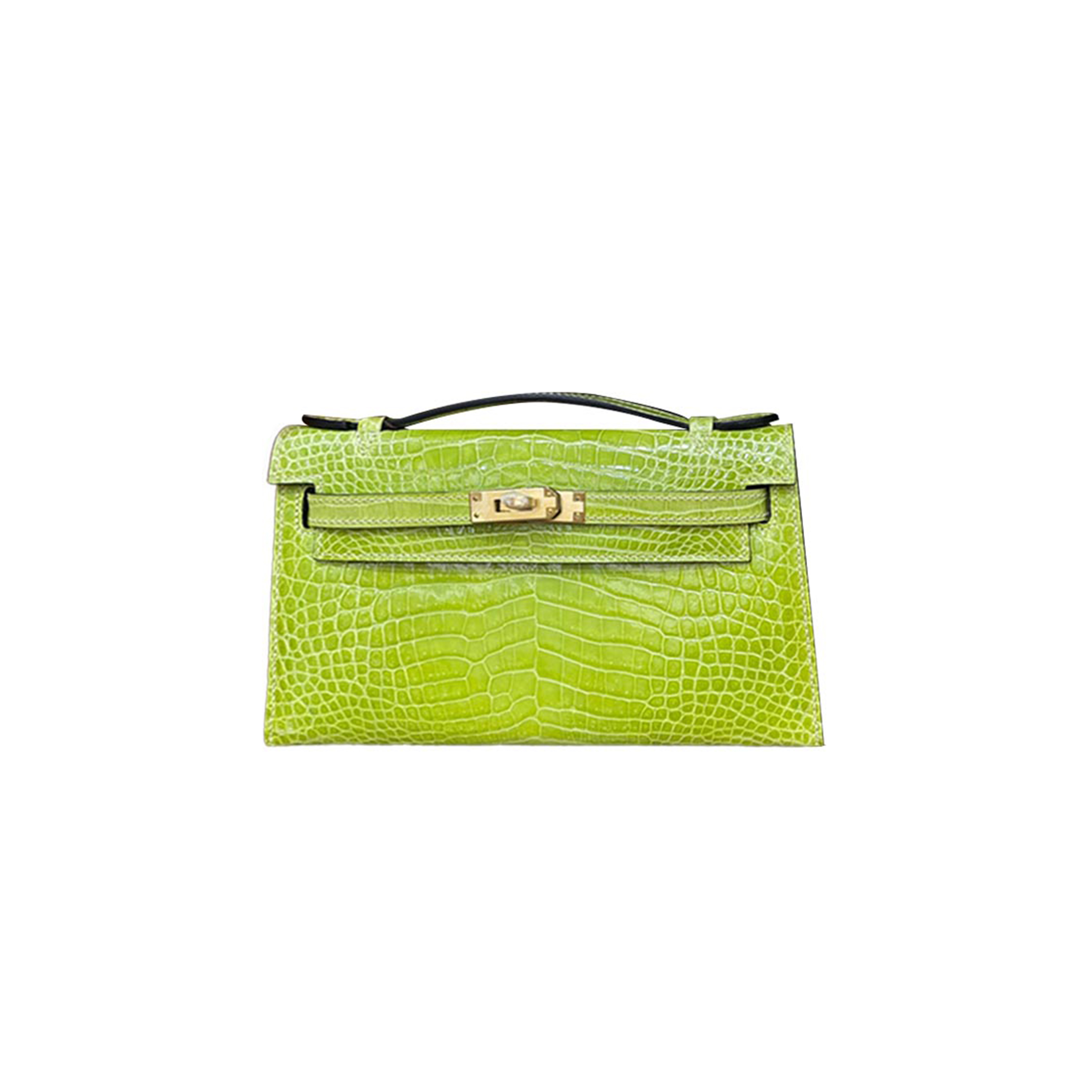 HERMÈS MASTER KELLY POCHETTE SHINY CROCODILE LEATHER COLOR KIWI GREEN GOLD BUCKLE (22*14*7cm) 